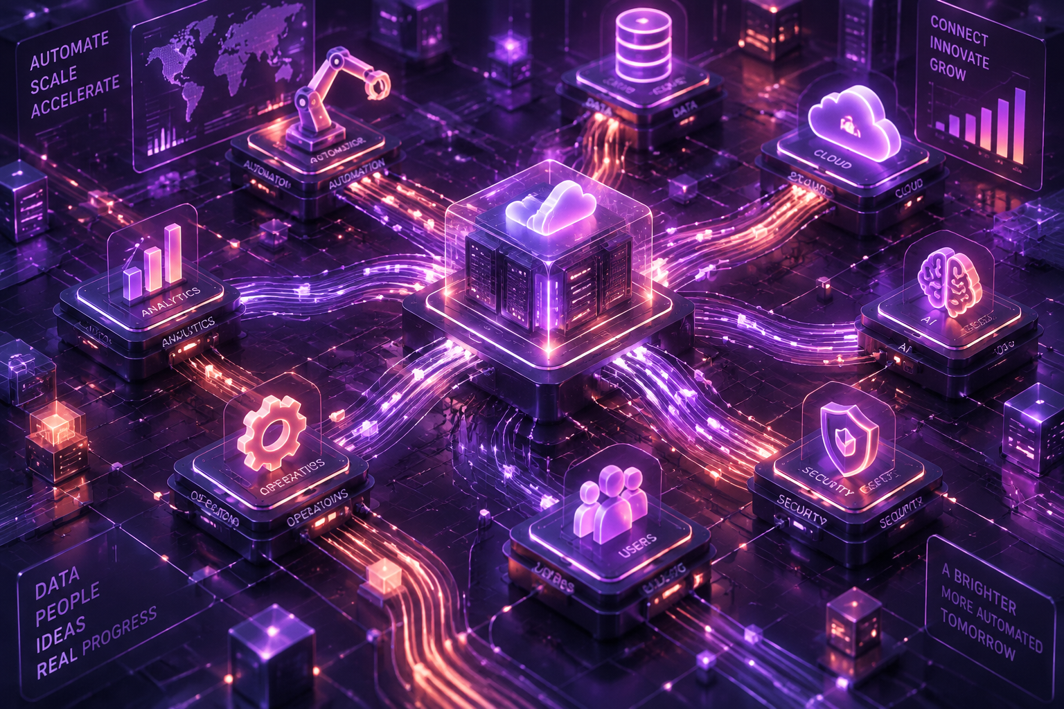 Automation network of glowing connected nodes representing our digital tools