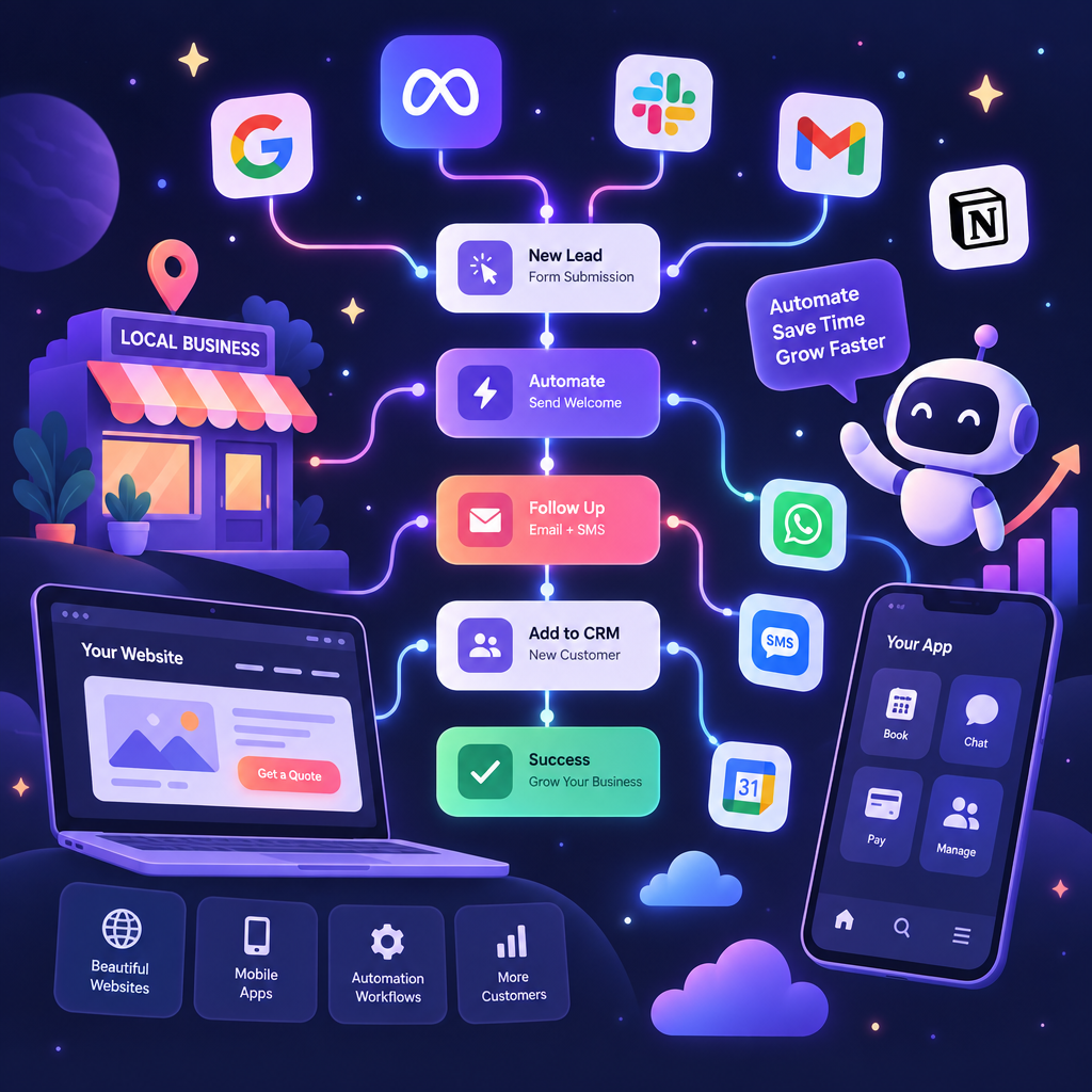 Illustration of interconnected automation workflow nodes and app icons
